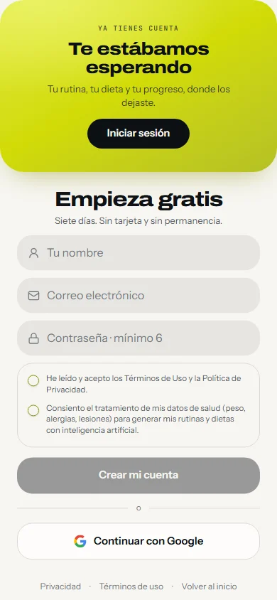 Pantalla de crear cuenta de la app, con los campos de nombre, correo y contraseña.